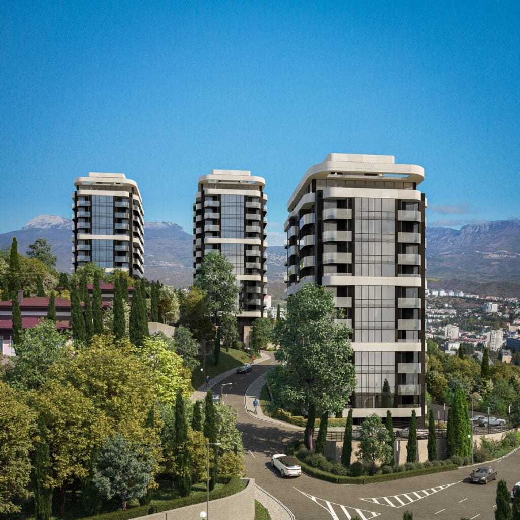 Фасад жилого комплекса ALEA в Алуште на фоне гор